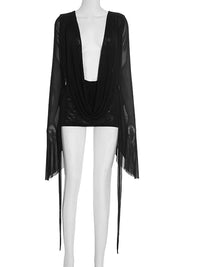 Flare-Sleeve Ruched Mesh Mini Dress