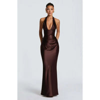 Olive Satin Plunge Halter Maxi Gown – Green Evening Dress