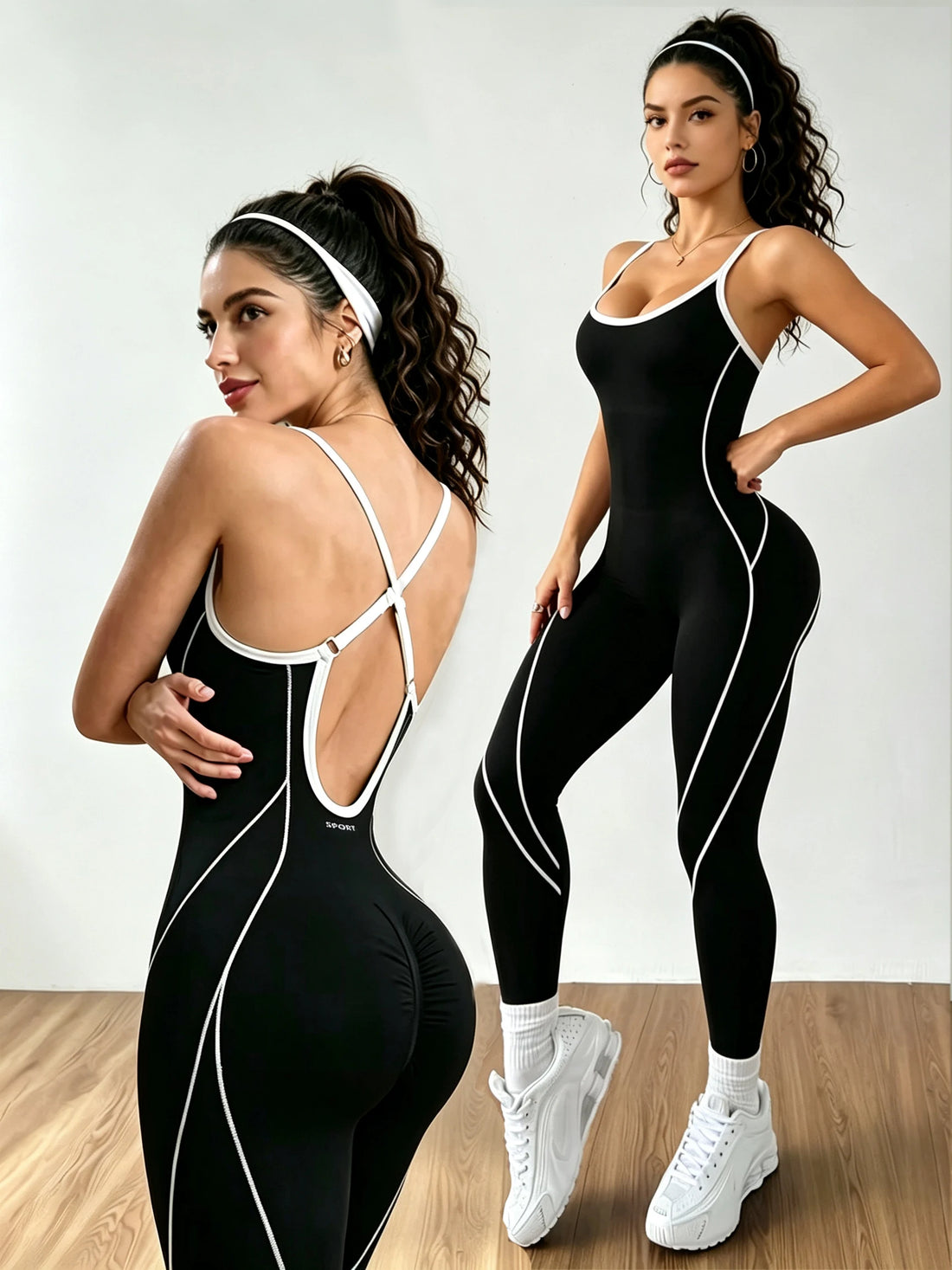 Contrast-Piping Open-Back Yoga Jumpsuit