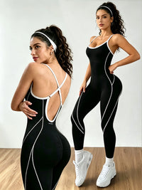 Contrast-Piping Open-Back Yoga Jumpsuit