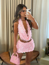 Lady Sexy European Style Short Skirt 2026 Summer Cami Deep V Neck Backless Top Slim Fitted Mini Skirt for Party Dating Occasion
