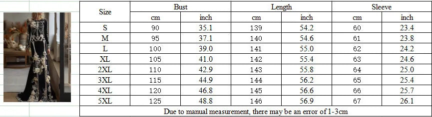 Halloween White Bone Skeleton Embroidered Long Sleeved Dress Dark Rose Printing Flower Slimming Holiday Party Dress 2026
