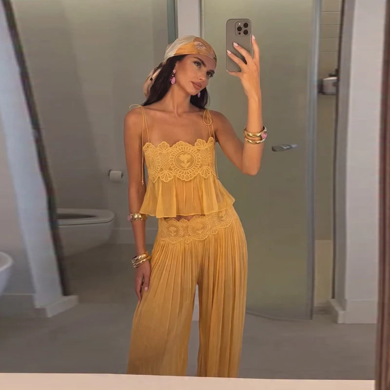 Women's Sheer Lace Backless Spaghetti Strap Top & Wide-Leg Pant Set – Beach Chic 2-Piece Suit