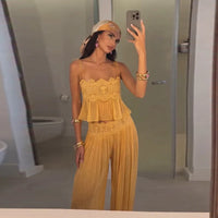 Women's Sheer Lace Backless Spaghetti Strap Top & Wide-Leg Pant Set – Beach Chic 2-Piece Suit
