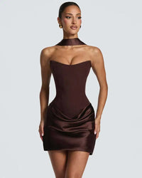 Red Strapless Corset Satin Mini Dress with Choker