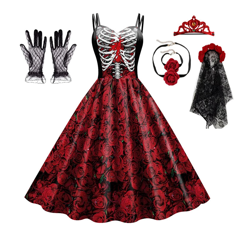 Women Halloween Skeleton Rose Dress Set Day of The Dead Cosplay Costume With Veil Crown Gloves For Carnival Party