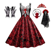 Women Halloween Skeleton Rose Dress Set Day of The Dead Cosplay Costume With Veil Crown Gloves For Carnival Party