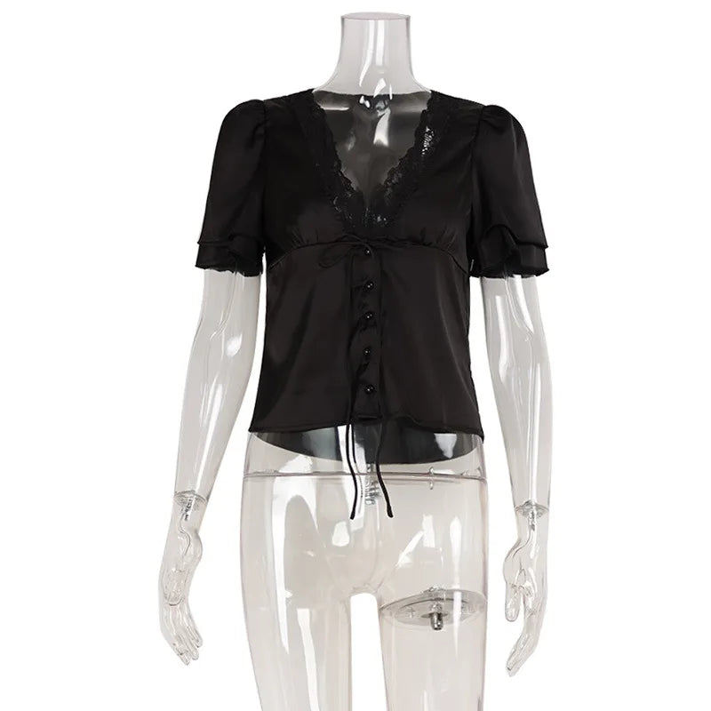Lace-Trim Satin V-Neck Top