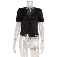 Lace-Trim Satin V-Neck Top
