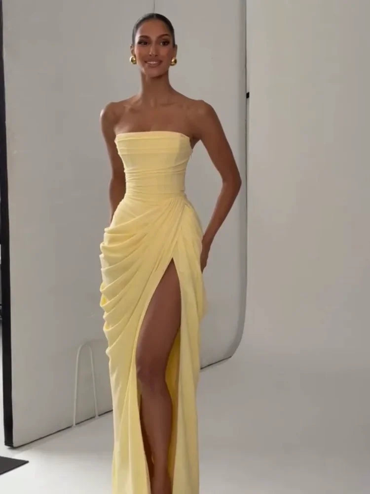 The Pleated Strapless Split Maxi Gown