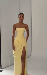 The Pleated Strapless Split Maxi Gown
