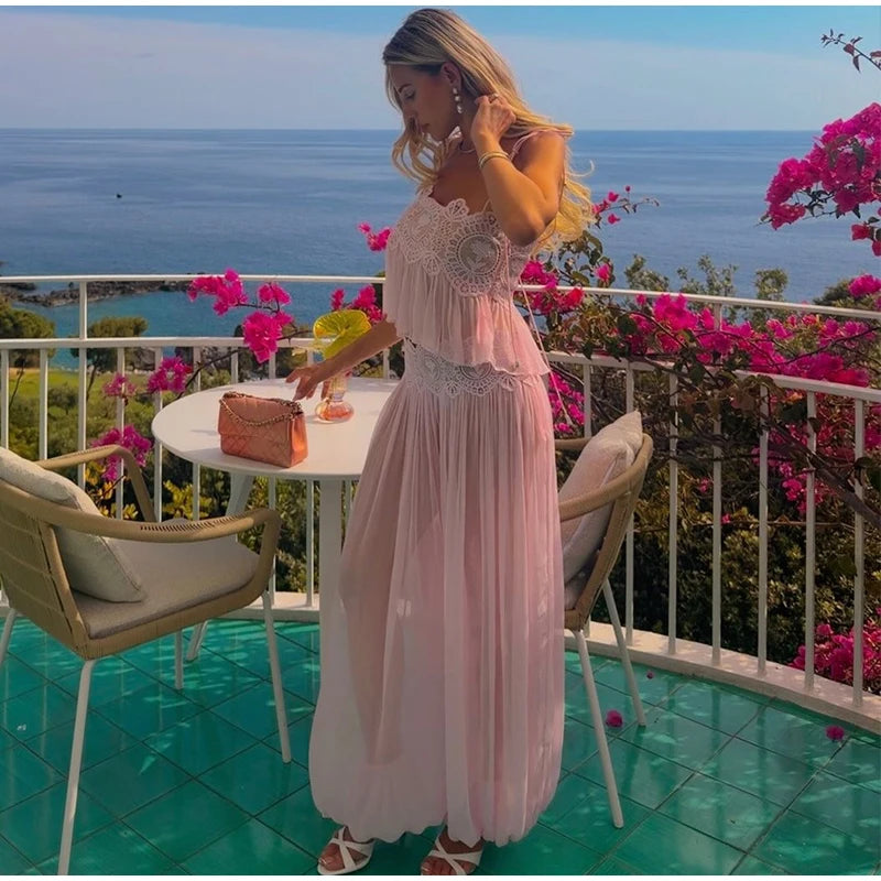 Women's Sheer Lace Backless Spaghetti Strap Top & Wide-Leg Pant Set – Beach Chic 2-Piece Suit