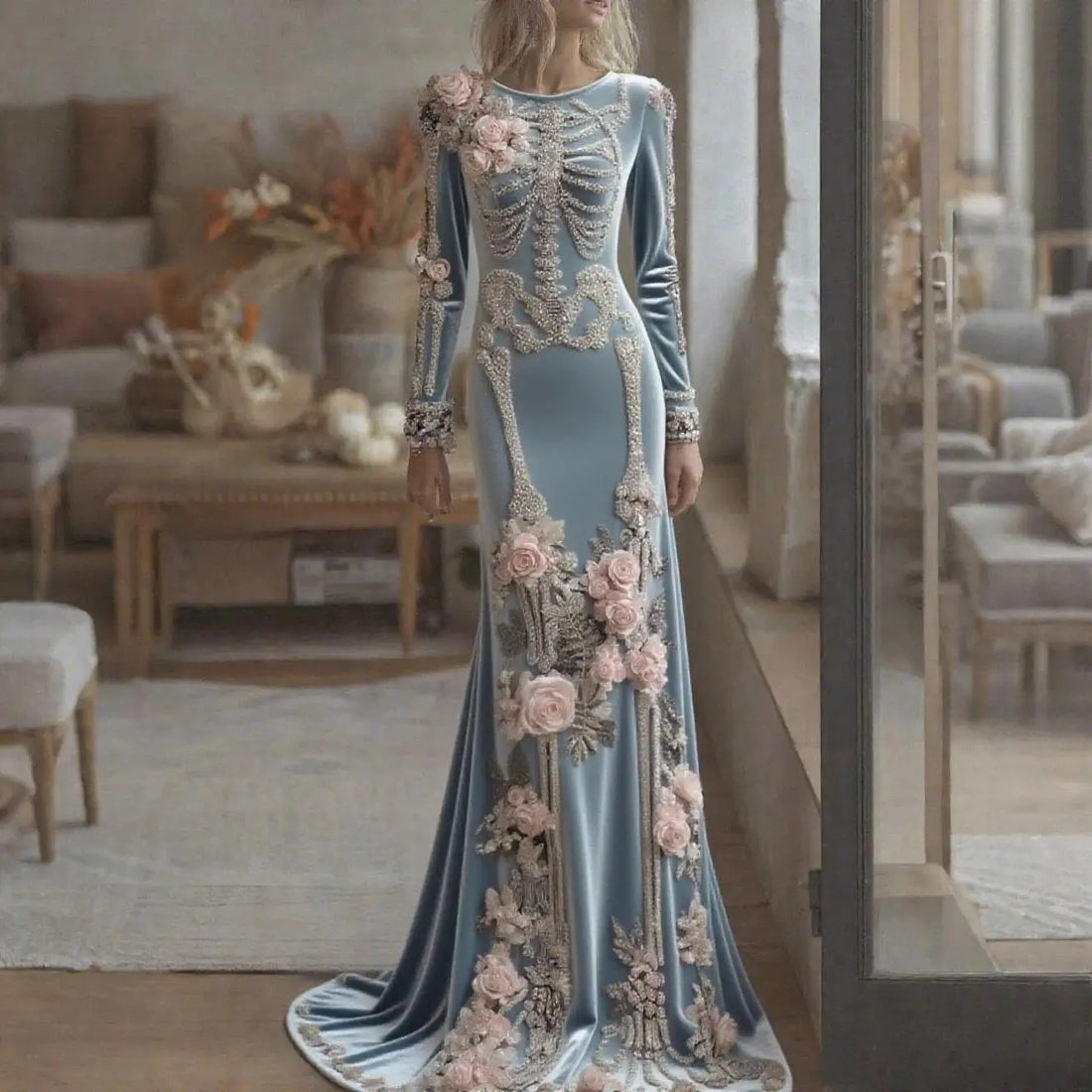 Halloween White Bone Skeleton Embroidered Long Sleeved Dress Dark Rose Printing Flower Slimming Holiday Party Dress 2026