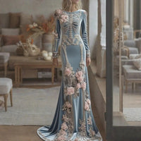 Halloween White Bone Skeleton Embroidered Long Sleeved Dress Dark Rose Printing Flower Slimming Holiday Party Dress 2026