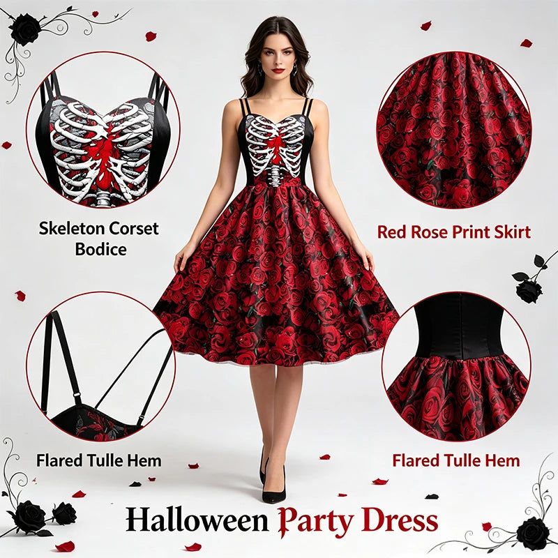 Women Halloween Skeleton Rose Dress Set Day of The Dead Cosplay Costume With Veil Crown Gloves For Carnival Party