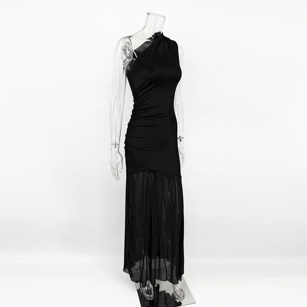 Ticketsx Off Shoulder See Through Dress Solid High Waist Patchwork Backless Slim Long Dress Women Vacation Party Evening Dresses