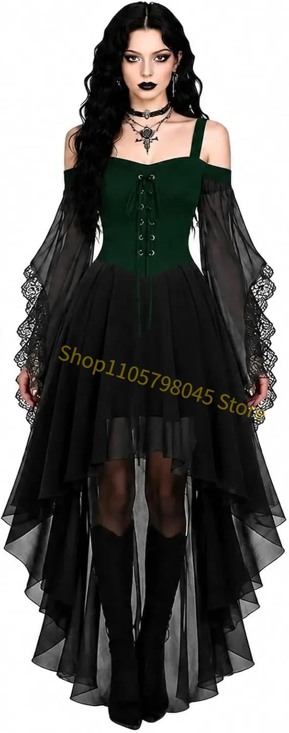 Women Medieval Gothic Vampire Witch Costume Butterfly Mesh Long Sleeve Irregular Hem Dress, For Halloween Carnival Theme Party
