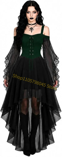Women Medieval Gothic Vampire Witch Costume Butterfly Mesh Long Sleeve Irregular Hem Dress, For Halloween Carnival Theme Party