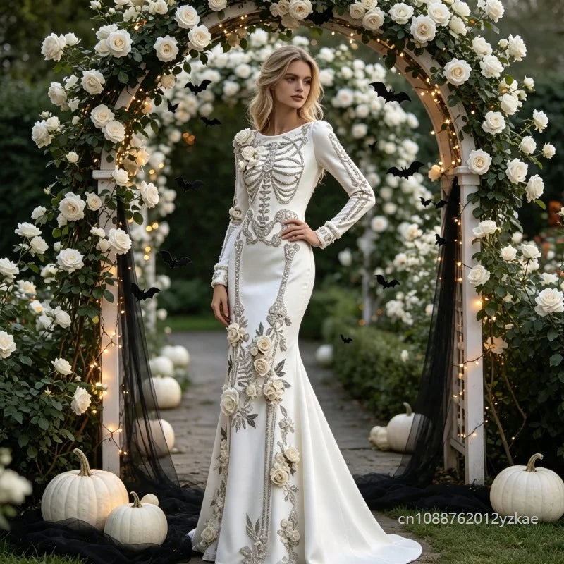Halloween White Bone Skeleton Embroidered Long Sleeved Dress Dark Rose Printing Flower Slimming Holiday Party Dress 2026