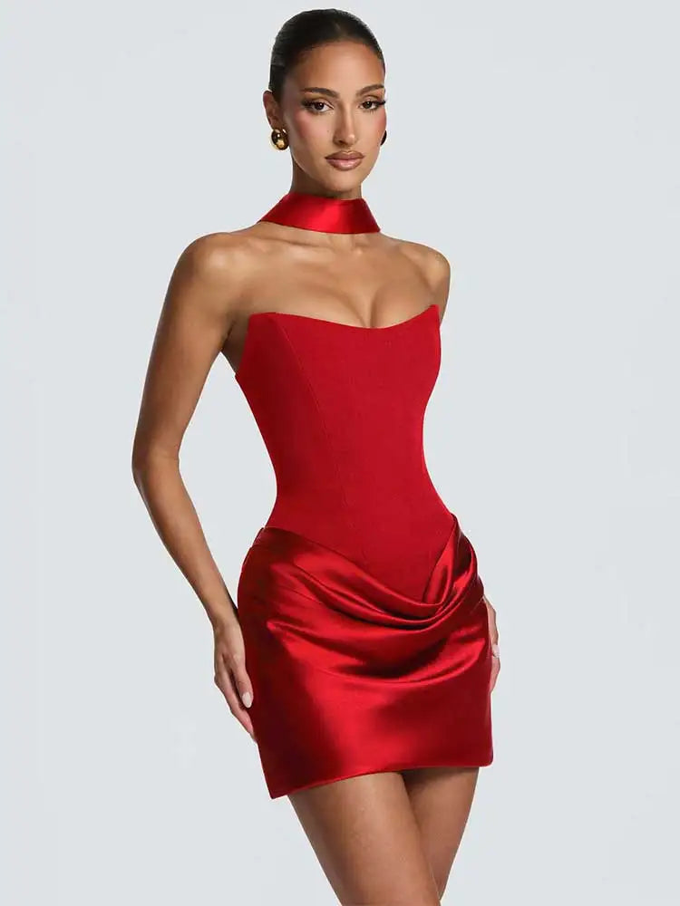 Red Strapless Corset Satin Mini Dress with Choker
