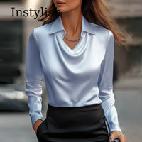 Colour range of the long sleeve satin lapel V-neck blouse