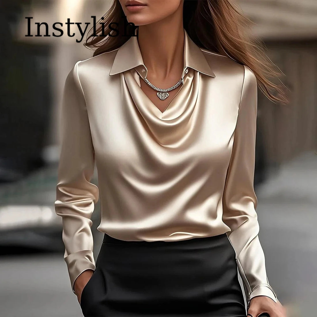 Loose-fit faux-silk satin blouse shown from the side