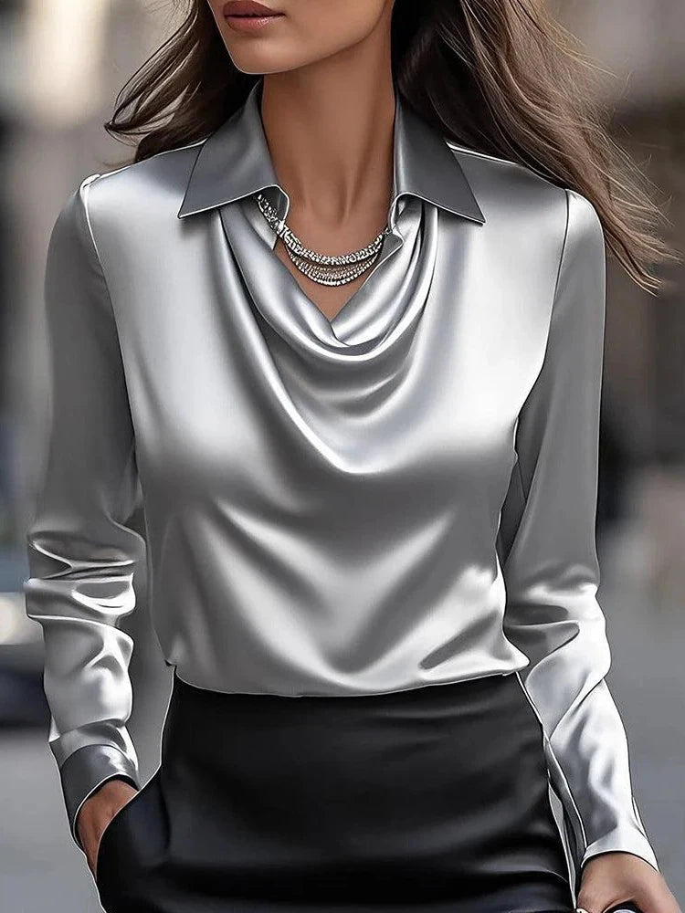 Satin V-Neck Blouse – Long Sleeve Loose Faux-Silk Shirt