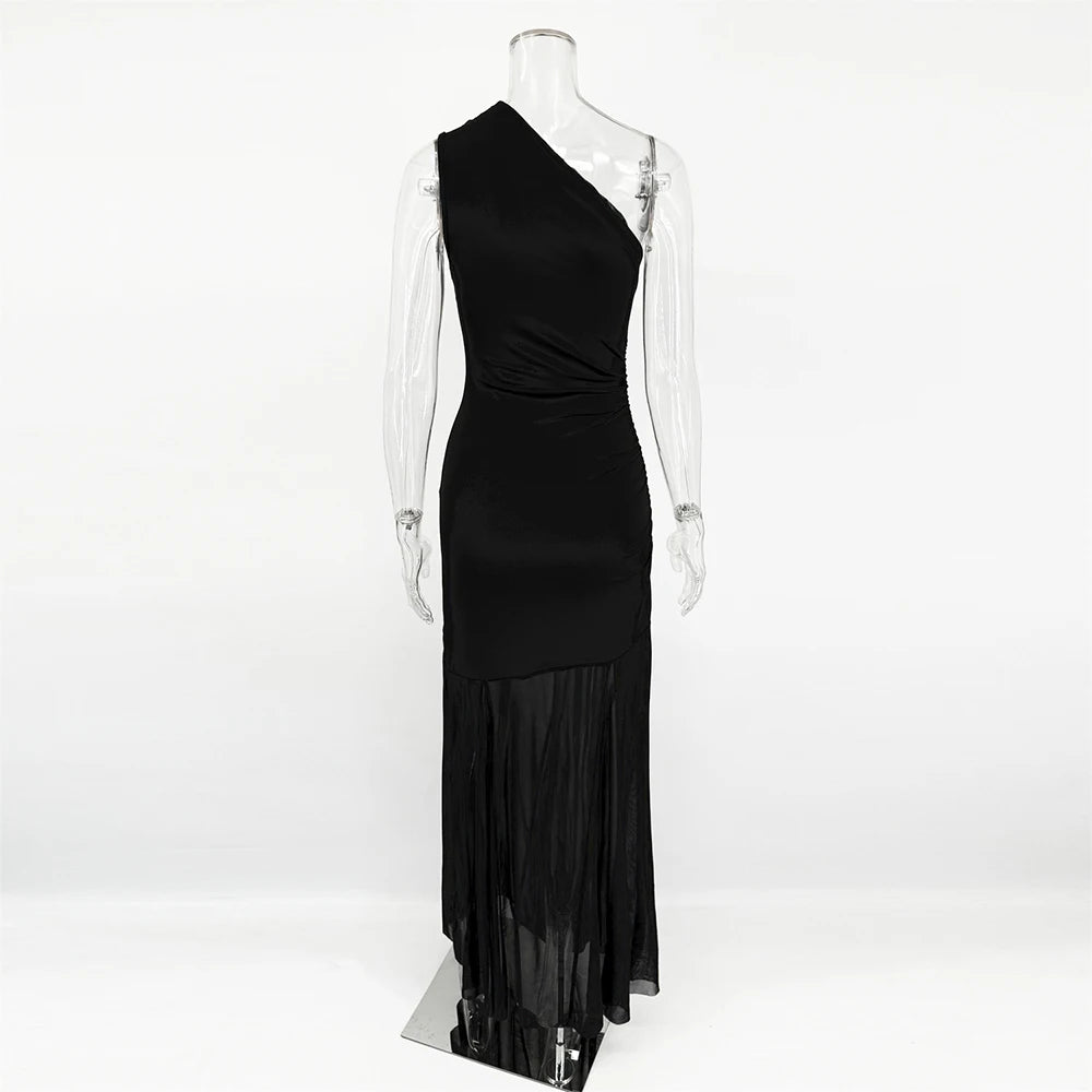 Ticketsx Off Shoulder See Through Dress Solid High Waist Patchwork Backless Slim Long Dress Women Vacation Party Evening Dresses