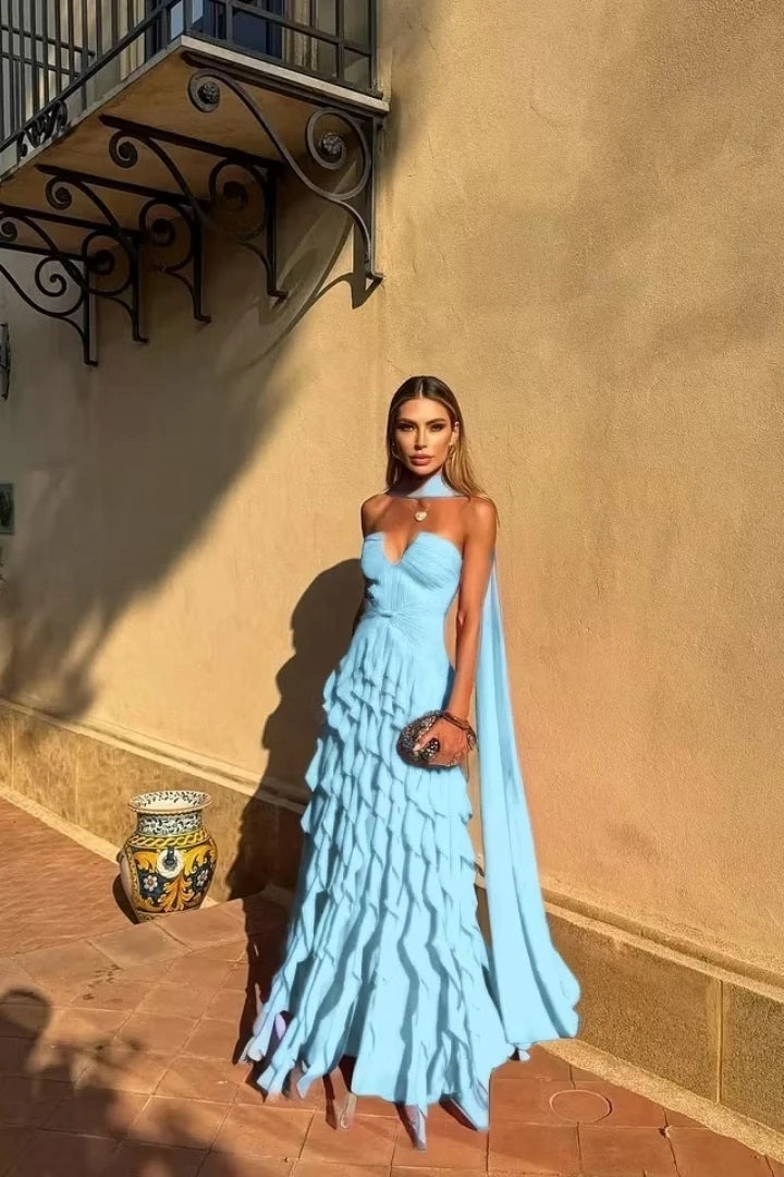 Tiered Ruffle Chiffon Ball Gown – Halter Sweetheart Prom Dress with Train