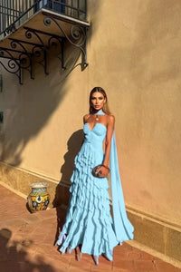 Tiered Ruffle Chiffon Ball Gown – Halter Sweetheart Prom Dress with Train