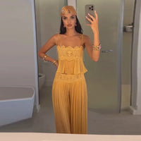 Women's Sheer Lace Backless Spaghetti Strap Top & Wide-Leg Pant Set – Beach Chic 2-Piece Suit