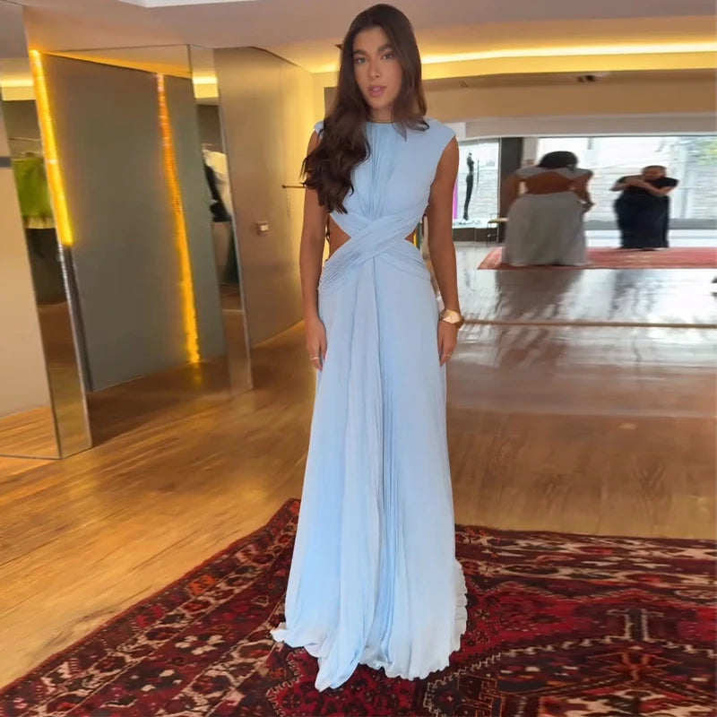 Pleated Cut-Out Maxi Dress – Sleeveless Backless Beach Dress