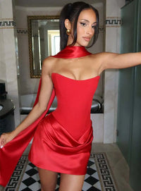 Red Strapless Corset Satin Mini Dress with Choker