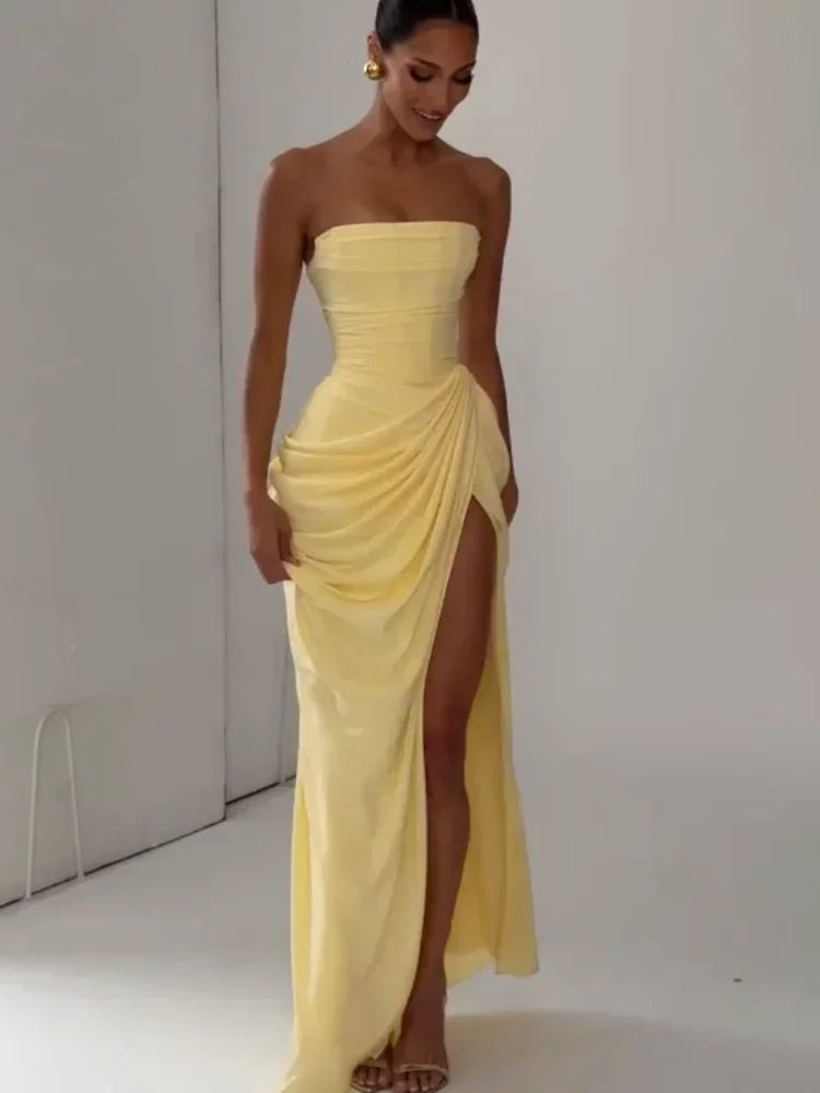 The Pleated Strapless Split Maxi Gown