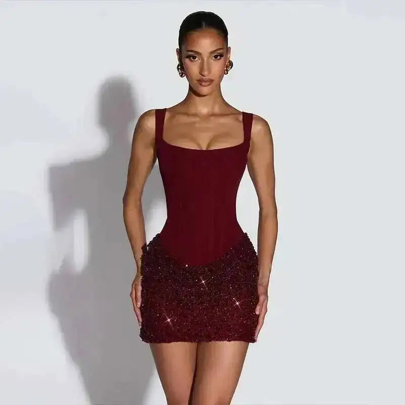 Burgundy Corset Sequin Mini Dress – Wine Party Dress