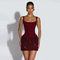 Burgundy Corset Sequin Mini Dress – Wine Party Dress