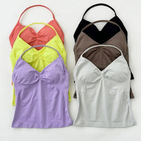 No Logo Seamless Longline Strappy Gym Top Backless Gym Clothes Women Scrunch Built-in Bra With Removable Cups Yoga Tank Tops