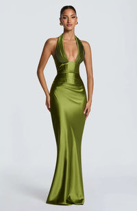 Olive Satin Plunge Halter Maxi Gown – Green Evening Dress