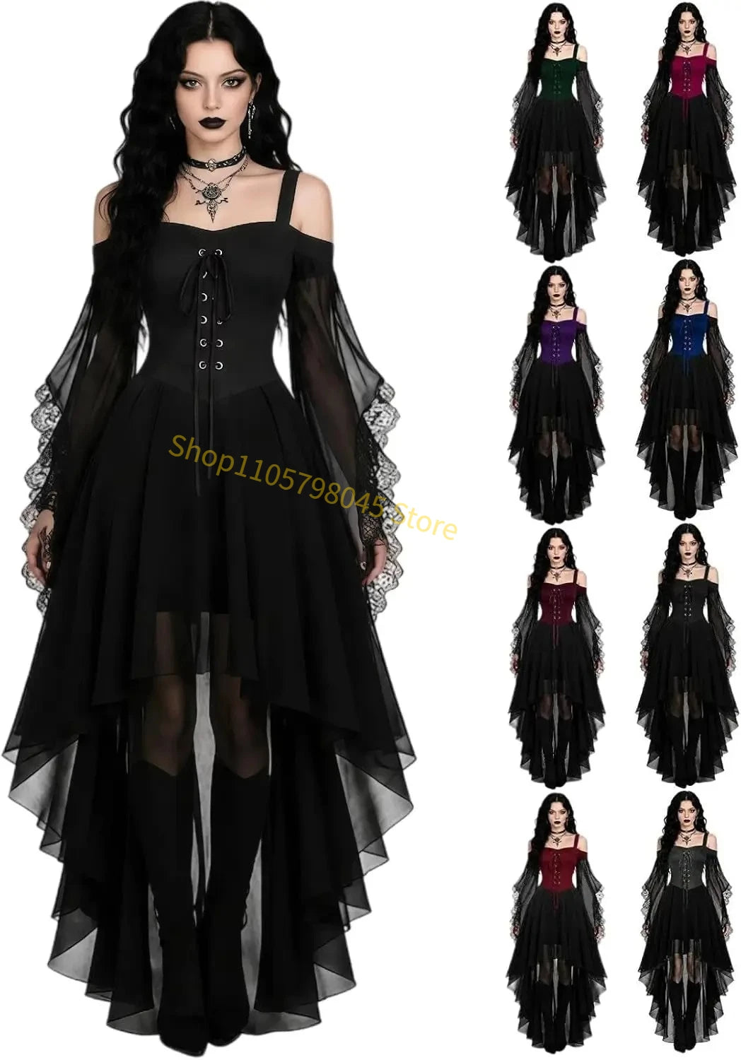 Women Medieval Gothic Vampire Witch Costume Butterfly Mesh Long Sleeve Irregular Hem Dress, For Halloween Carnival Theme Party
