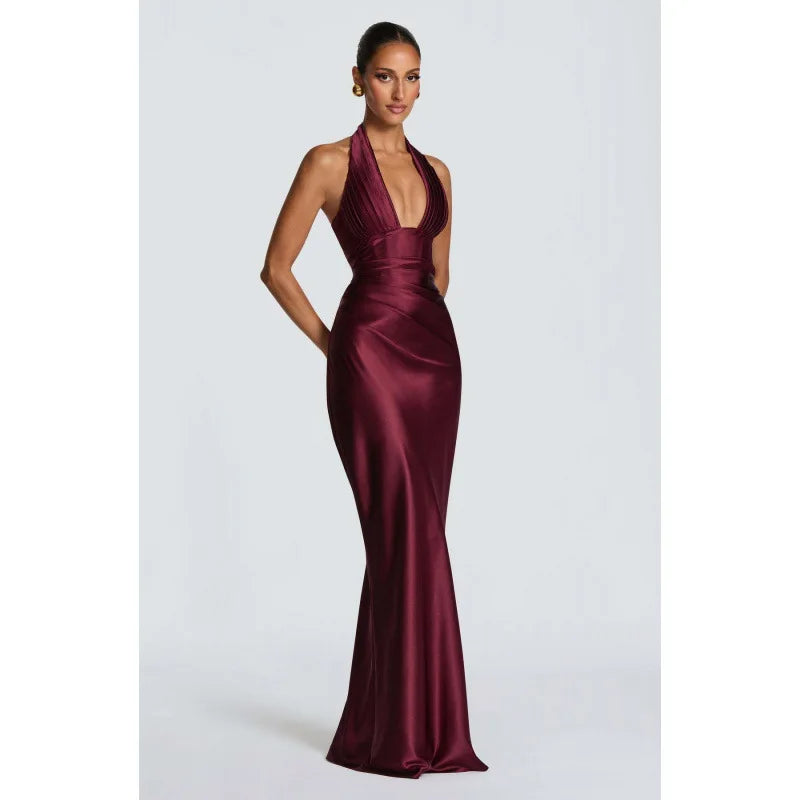 Olive Satin Plunge Halter Maxi Gown – Green Evening Dress
