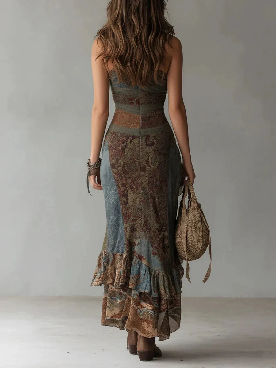 2026 New Retro Print Ruched High Split Ruffle Hem Long Dresses Woman Spring Sexy One Shoulder Slim Summer Party Boho Maxi Dress
