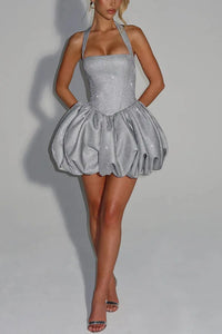Silver Glitter Halter Bubble Hem Mini Dress – Holiday Party Dress