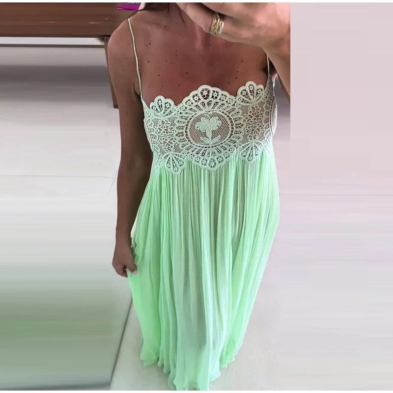 Women's Sheer Lace Backless Spaghetti Strap Top & Wide-Leg Pant Set – Beach Chic 2-Piece Suit