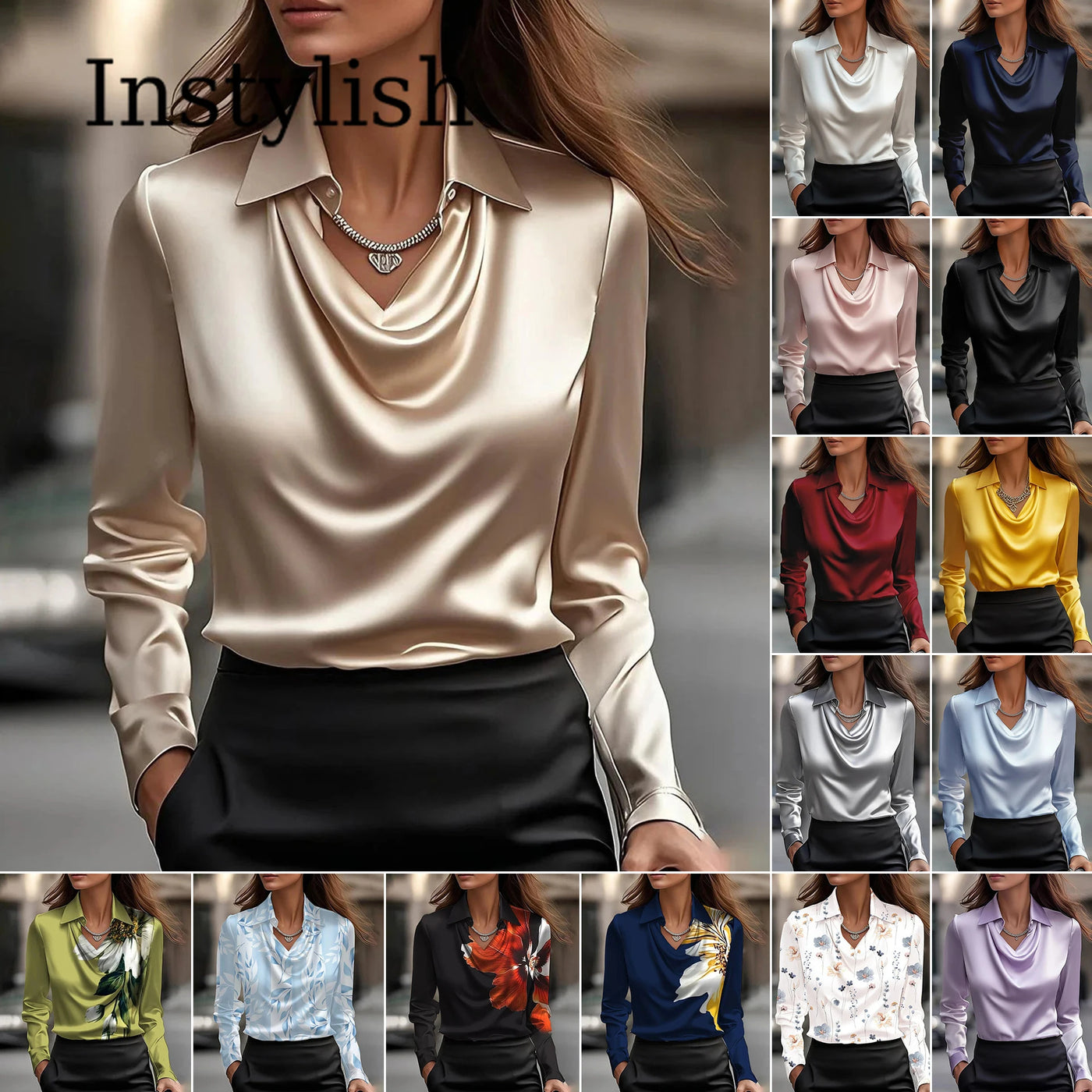 Satin V-Neck Blouse – Long Sleeve Loose Faux-Silk Shirt