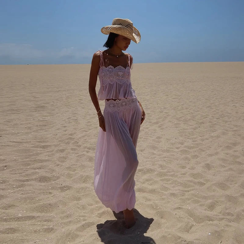 Women's Sheer Lace Backless Spaghetti Strap Top & Wide-Leg Pant Set – Beach Chic 2-Piece Suit