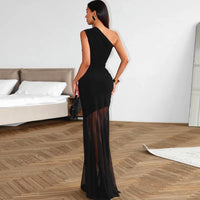 Ticketsx Off Shoulder See Through Dress Solid High Waist Patchwork Backless Slim Long Dress Women Vacation Party Evening Dresses