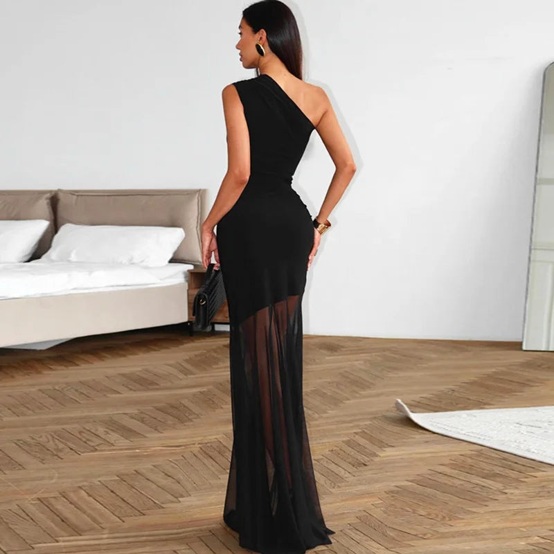 Ticketsx Off Shoulder See Through Dress Solid High Waist Patchwork Backless Slim Long Dress Women Vacation Party Evening Dresses