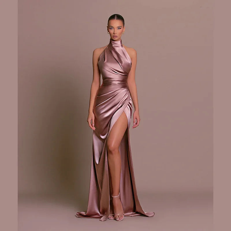 Retro Satin Halter Maxi Dress – High-Slit Waist-Cinching Gown