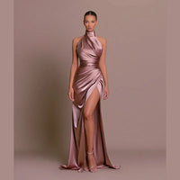 Retro Satin Halter Maxi Dress – High-Slit Waist-Cinching Gown