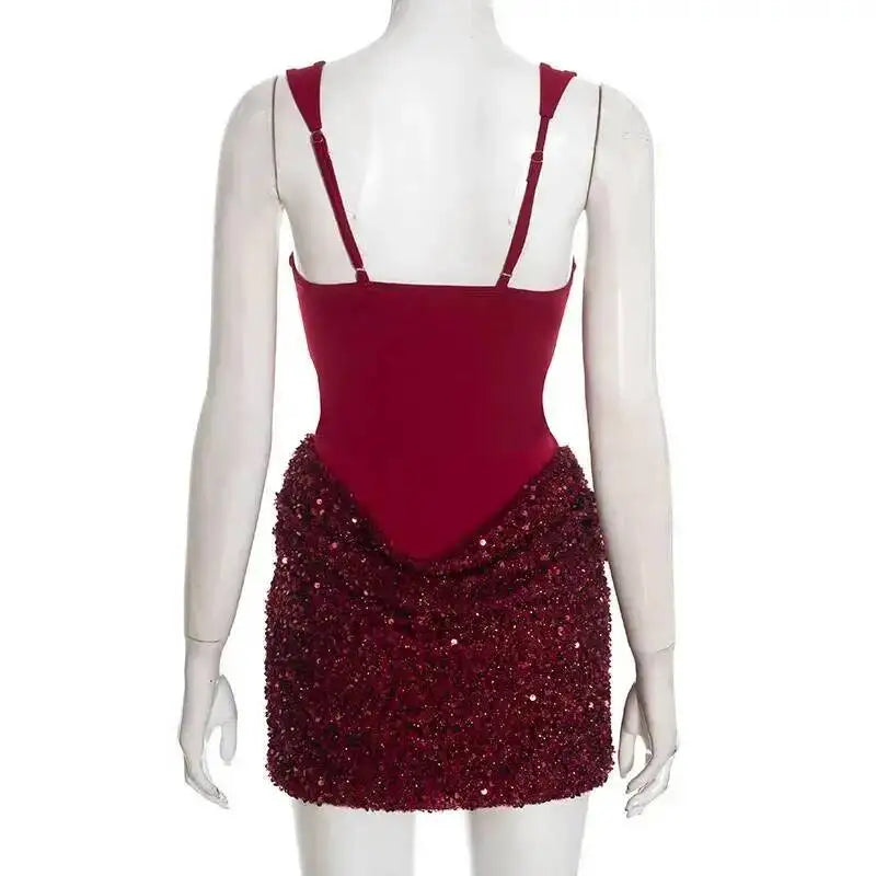 Burgundy Corset Sequin Mini Dress – Wine Party Dress